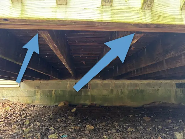Underside of a deck with arrows marking joist framing concerns above a block foundation wall